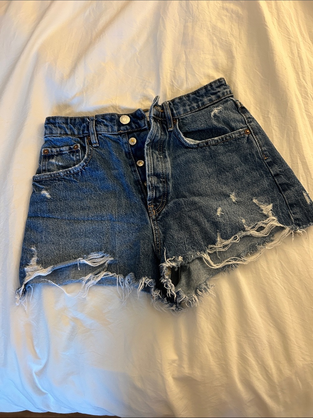Zara High-Waist Distressed Denim Shorts - Dark Blue